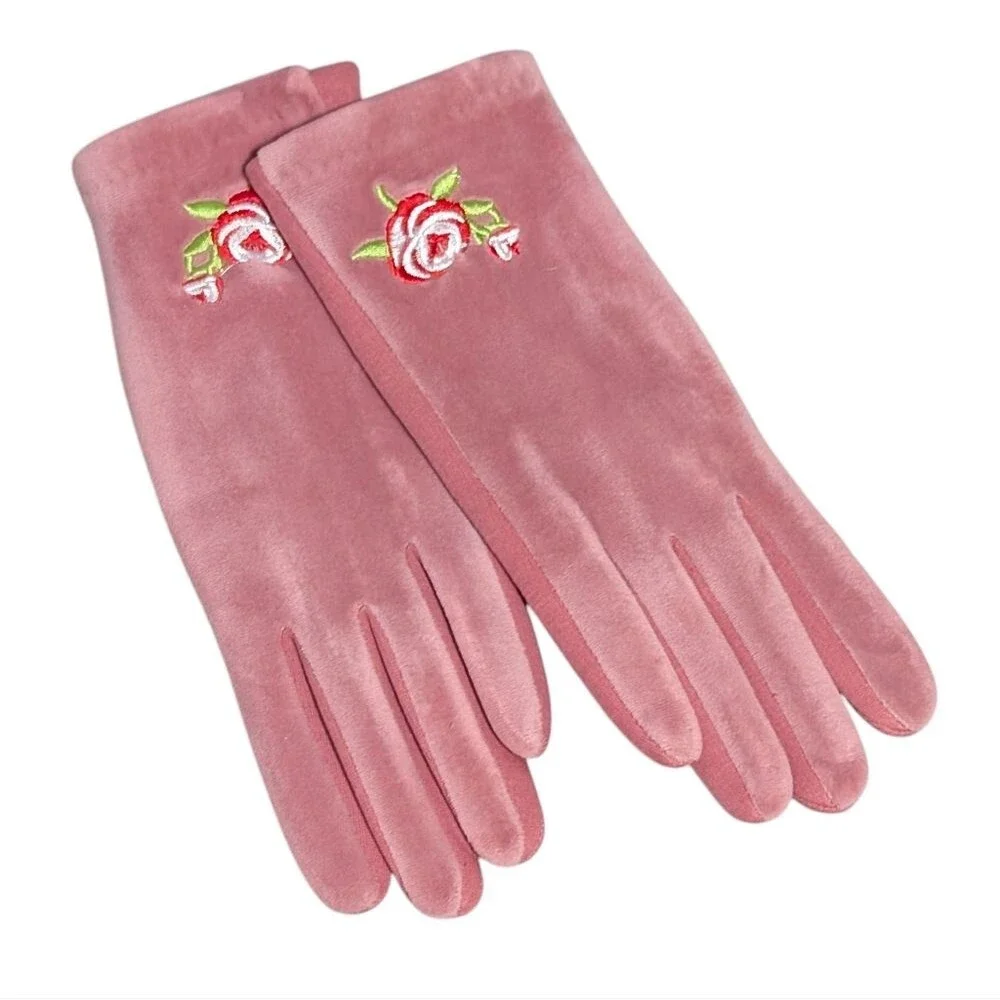 New velvety gloves with embroidered flower OS pink stretch soft cozy cottagecore